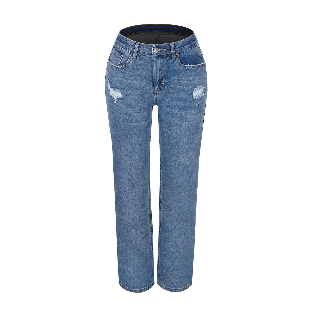 Loose-fit Straight-leg Ripped High-elastic Jeans