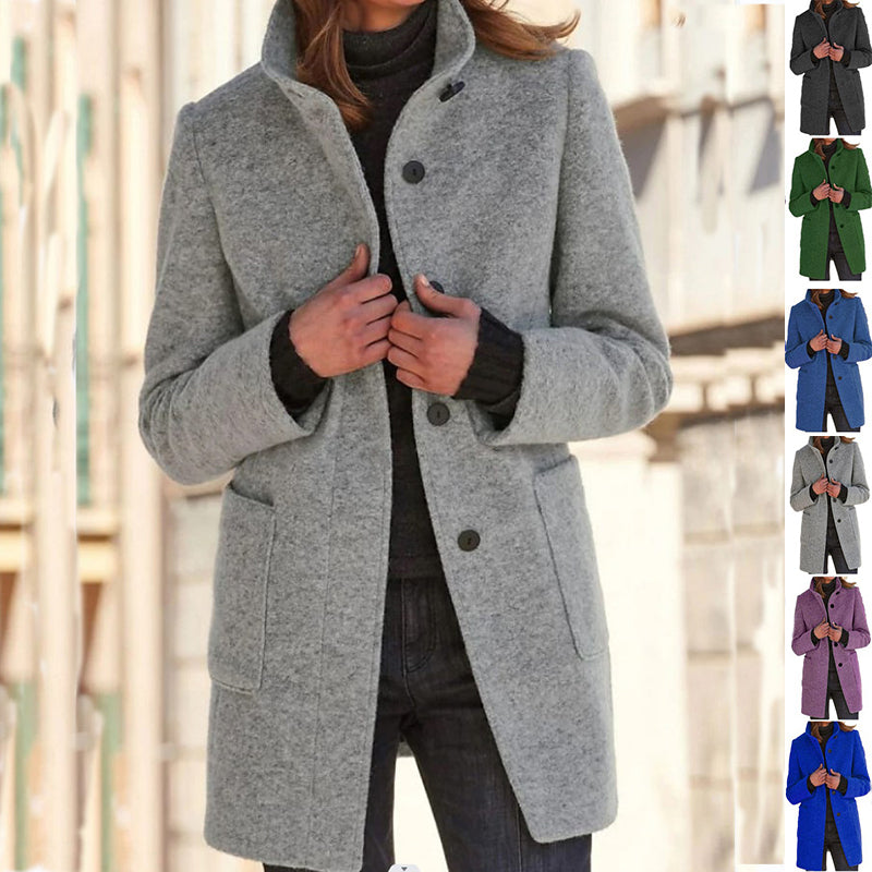 Stand Collar Woolen Coat With Pockets Fall Winter Casual Button