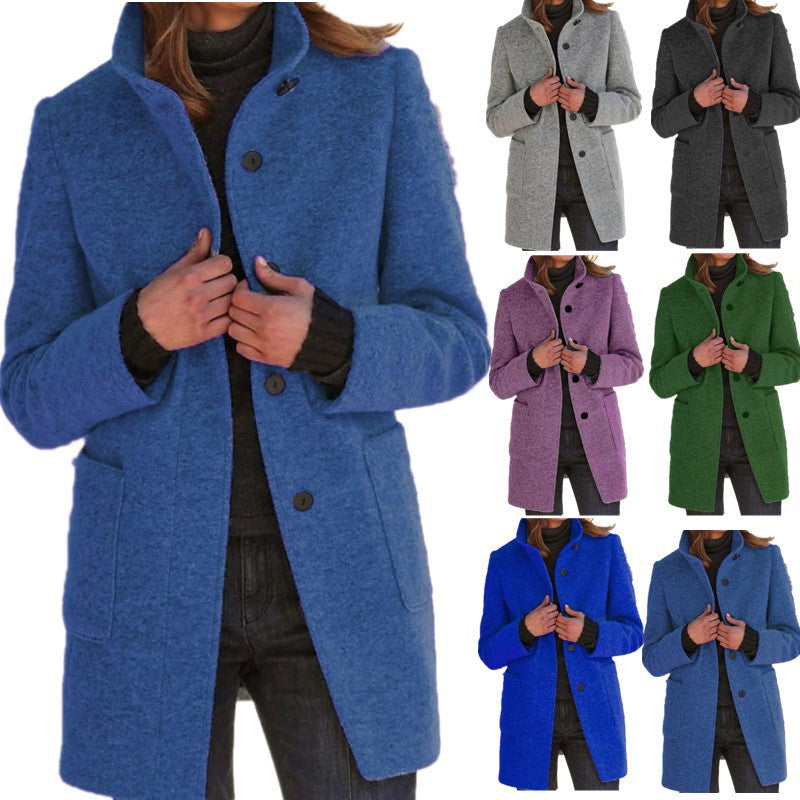 Stand Collar Woolen Coat With Pockets Fall Winter Casual Button