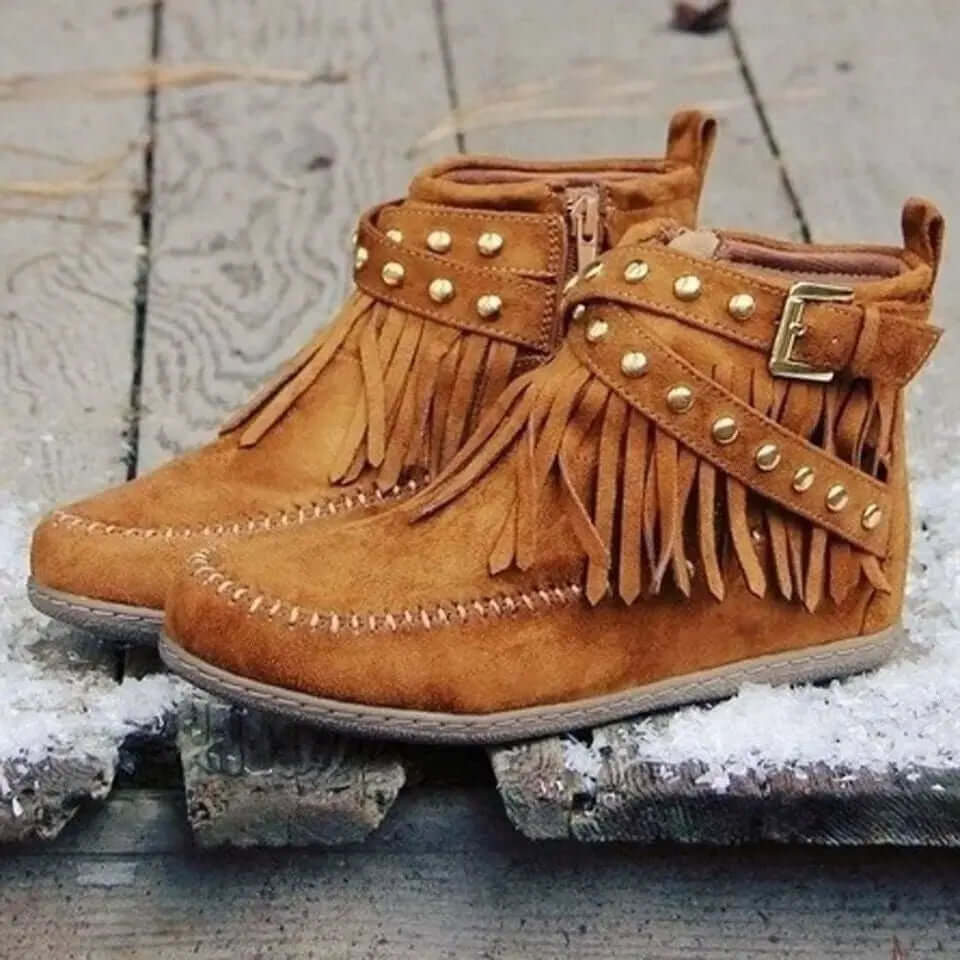 Winter Ankle Boots with Rivet Tassel Detail