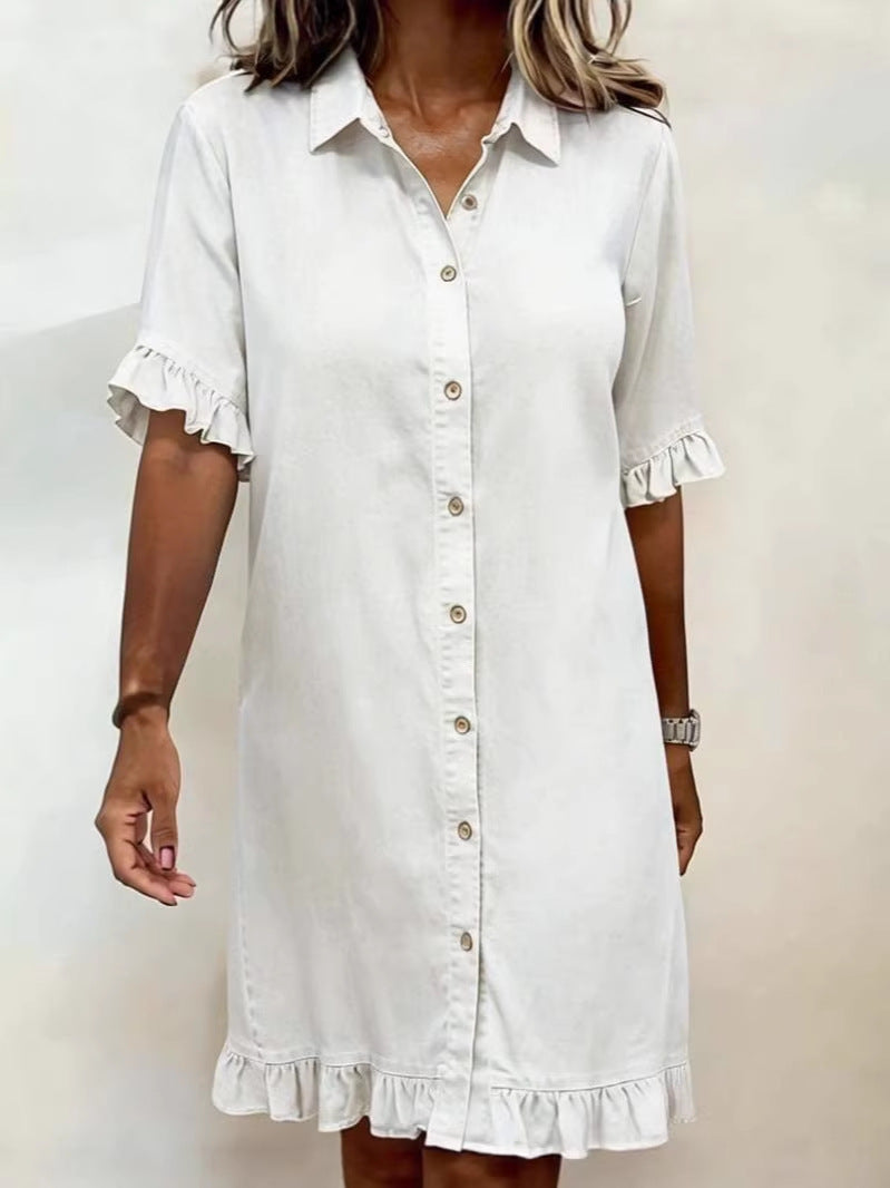 Faux Denim Ruffle-Sleeve Shirt Dress