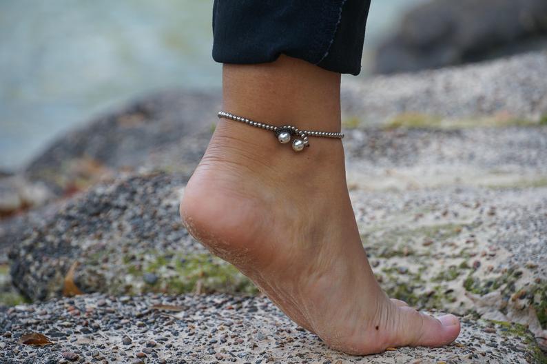 Red Stone Silver Bell Boho Anklet Adjustable Chain