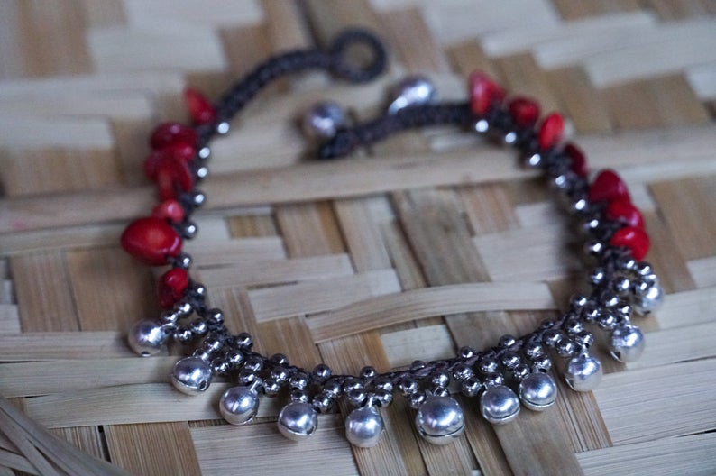 Red Stone Silver Bell Boho Anklet Adjustable Chain