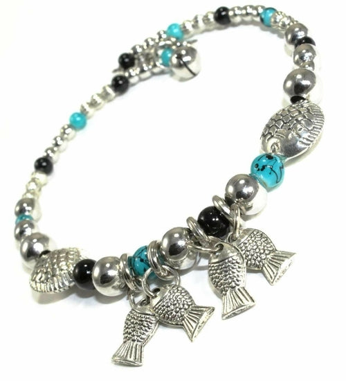 Turquoise Beaded Fish Charm Bracelet For Women Adjustable