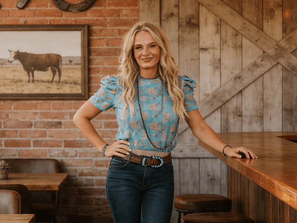 Turquoise Boots Print Puff Short Sleeve Western Top