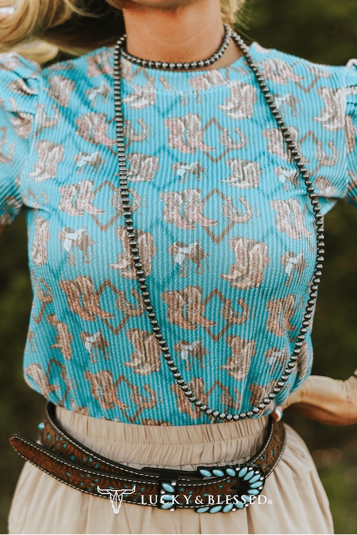 Turquoise Boots Print Puff Short Sleeve Western Top