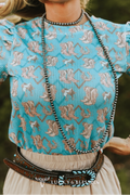 Turquoise Boots Print Puff Short Sleeve Western Top
