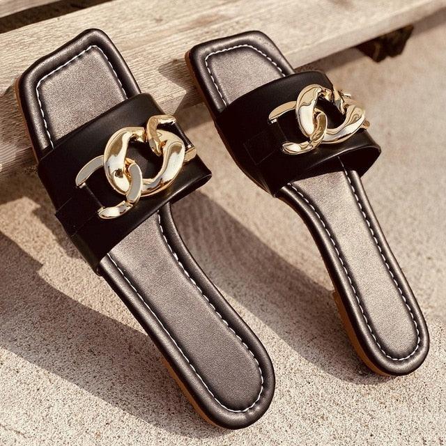Gold Chain Open Toe Slip On Flats