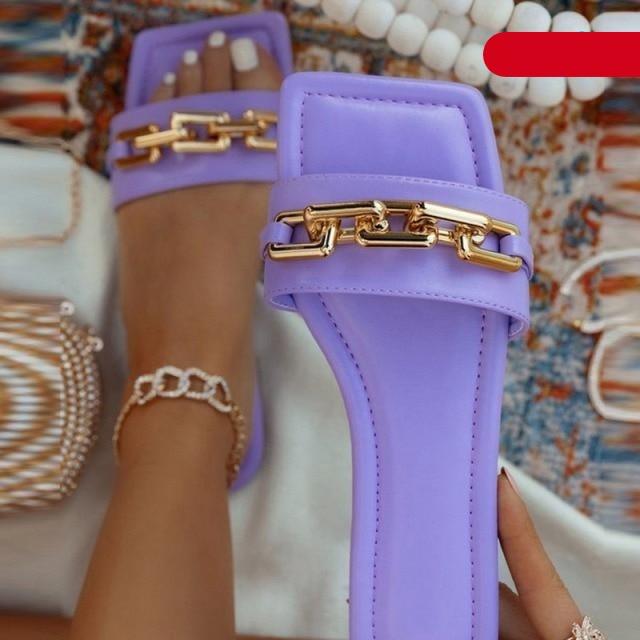 Gold Chain Open Toe Slip On Flats
