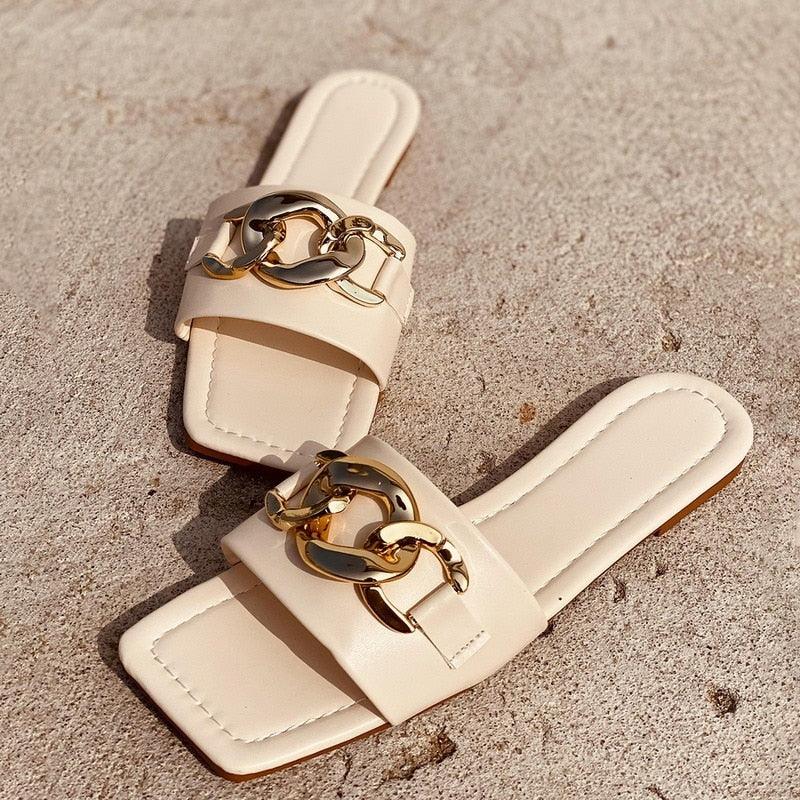 Gold Chain Open Toe Slip On Flats