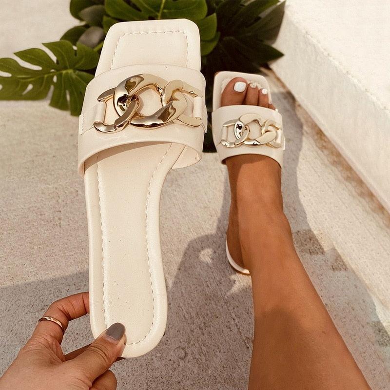 Gold Chain Open Toe Slip On Flats