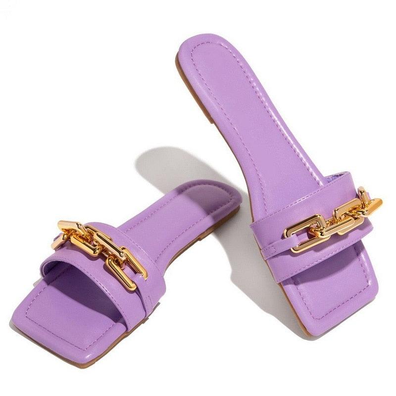 Gold Chain Open Toe Slip On Flats
