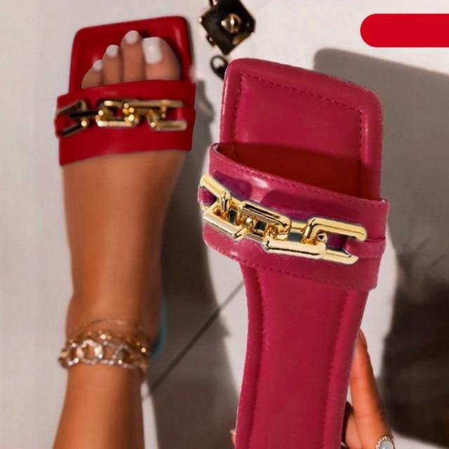 Gold Chain Open Toe Slip On Flats