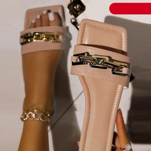 Gold Chain Open Toe Slip On Flats
